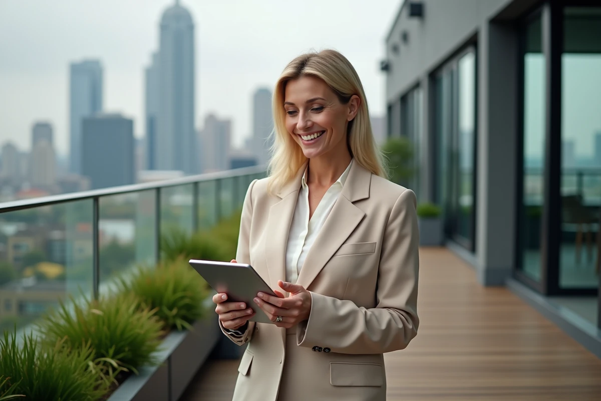 Femme CEO souriante avec tablette dans un lounge urbain