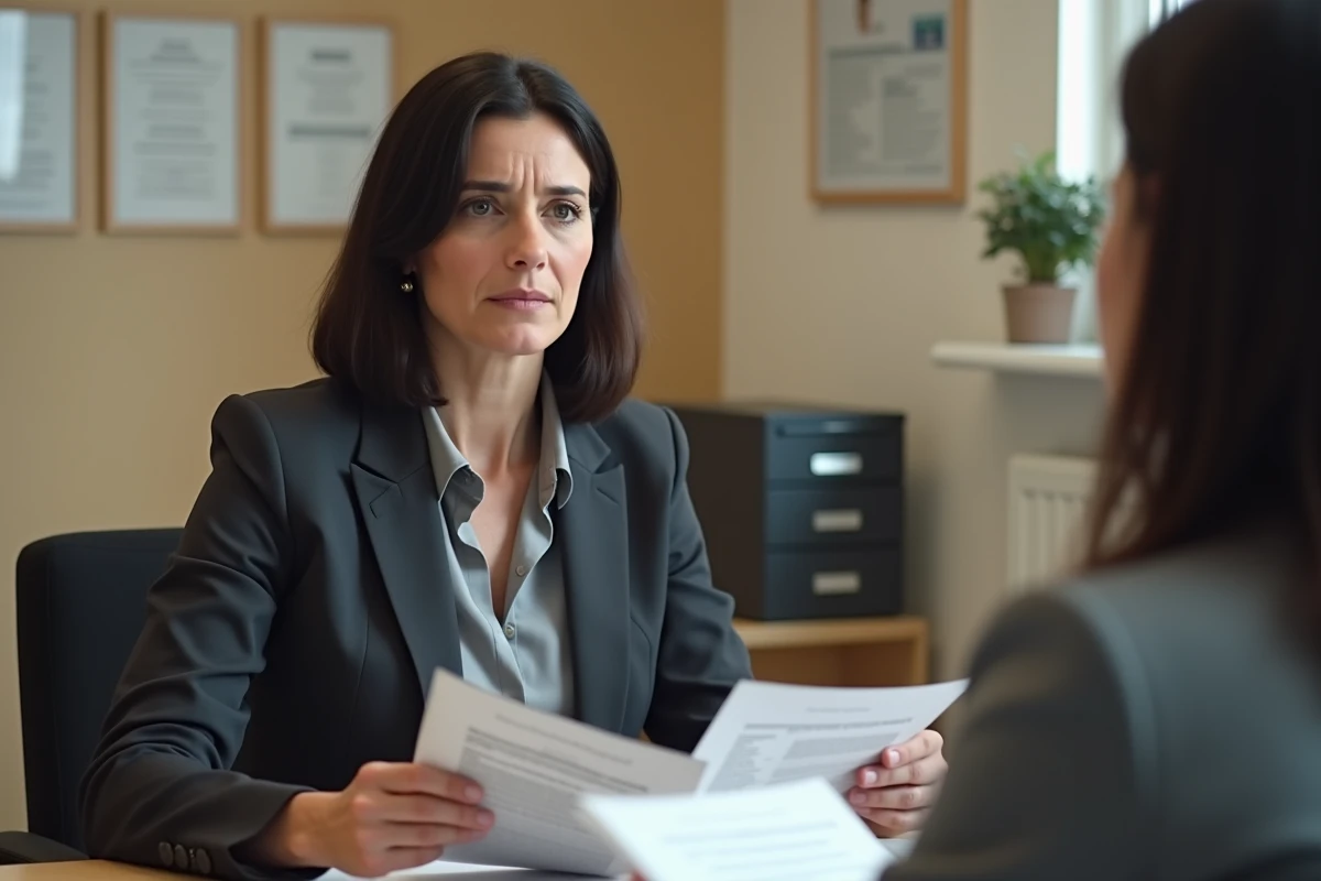 Femme en entretien avec un conseiller emploi discutant des options entre CSP et CDI de reclassement dans un bureau administratif