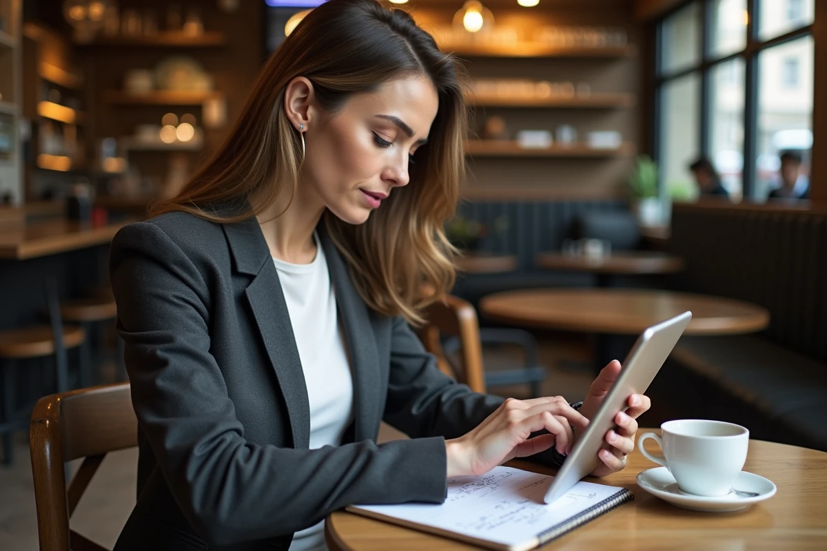 Femme consultante lisant un guide business sur tablette dans un café parisien avec des notes manuscrites