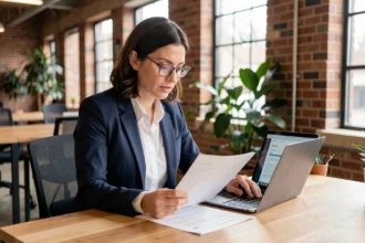 Femme consultante en portage salarial étudiant un contrat dans un espace de coworking moderne