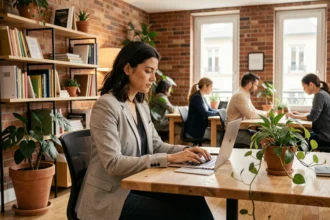 Femme professionnelle travaillant dans un espace de coworking moderne à Chantilly avec vue sur la ville