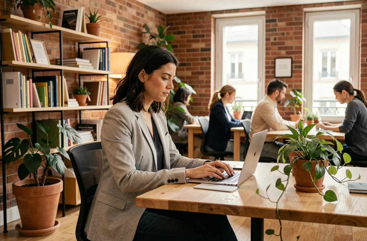 Femme professionnelle travaillant dans un espace de coworking moderne à Chantilly avec vue sur la ville