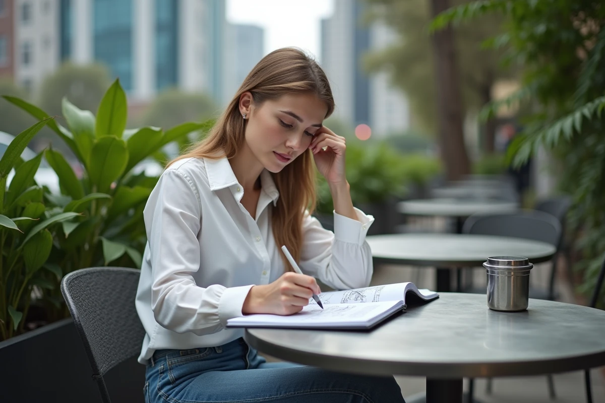 Jeune femme esquissant une nouvelle technologie dans un carnet en extérieur
