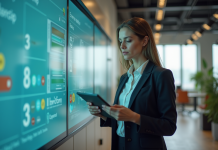 Femme en entreprise devant un affichage écologique