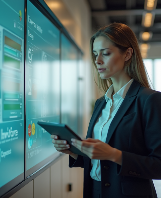 Femme en entreprise devant un affichage écologique