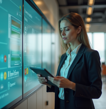 Normes affichage environnemental : Comment s’y conformer efficacement en 2025 ? Femme en entreprise devant un affichage écologique