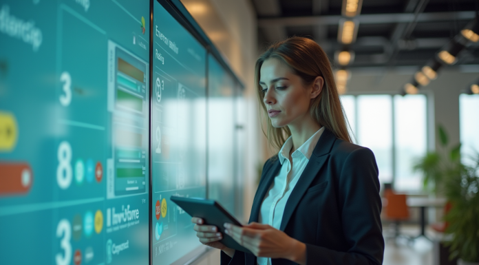 Femme en entreprise devant un affichage écologique