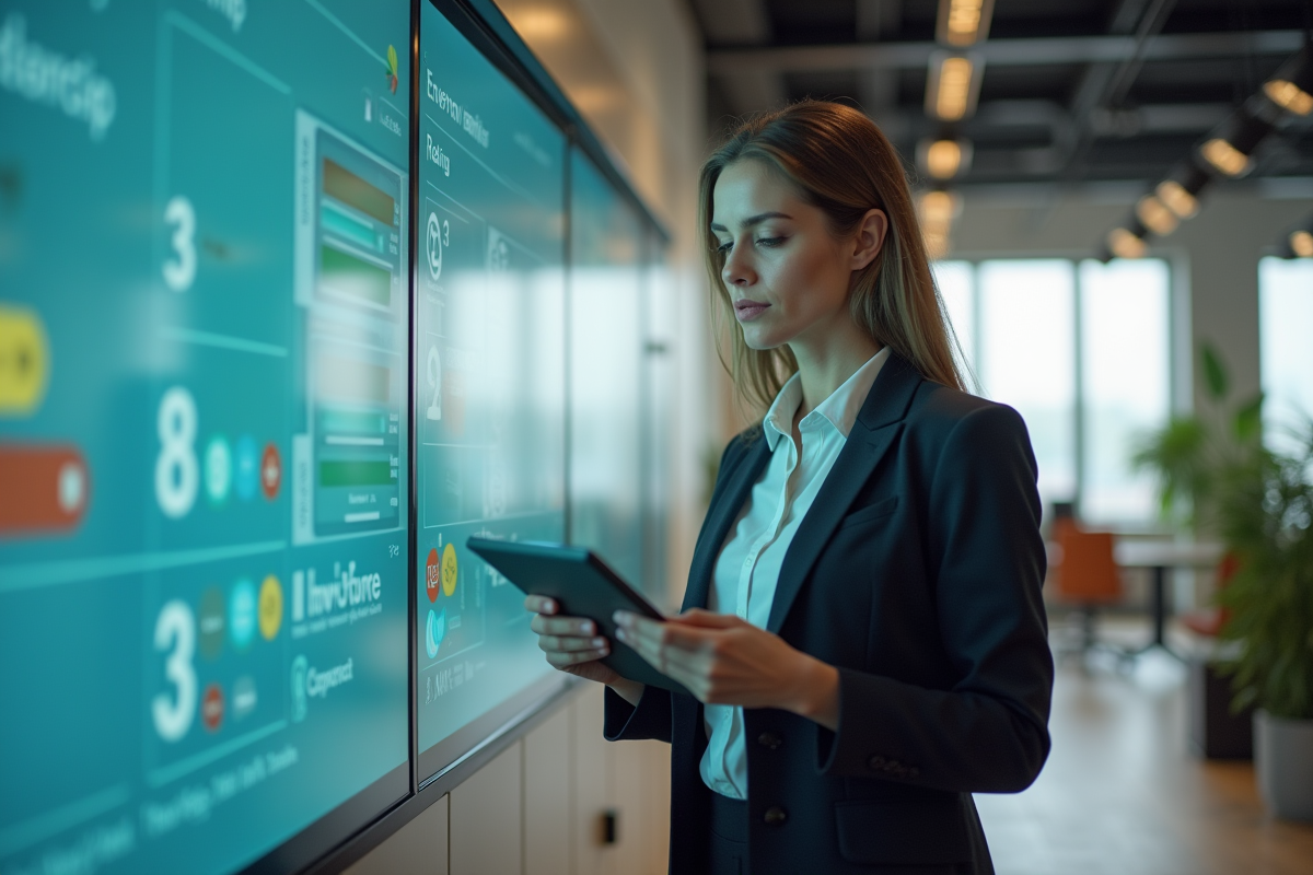 Femme en entreprise devant un affichage écologique
