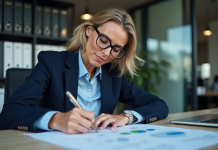 Femme professionnelle en suit navy examine un document d energie