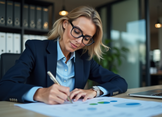 ISO 50001 : Devenir conforme et certifié, les étapes clés expliquées en détail Femme professionnelle en suit navy examine un document d energie