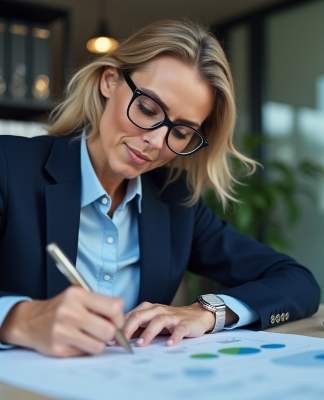 Femme professionnelle en suit navy examine un document d energie