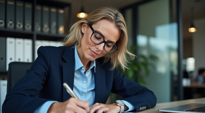 Femme professionnelle en suit navy examine un document d energie