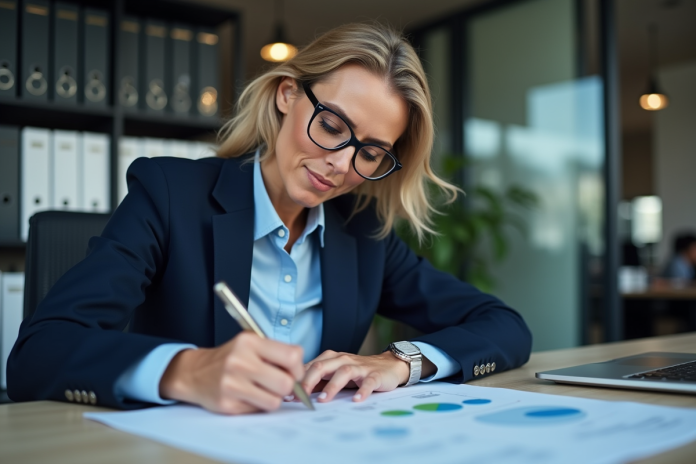 Femme professionnelle en suit navy examine un document d energie