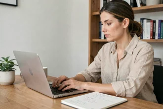 Femme entrepreneur concentrée sur un blog de business depuis son bureau à domicile, avec un ordinateur portable et des notes manuscrites