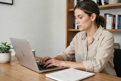 Femme entrepreneur concentrée sur un blog de business depuis son bureau à domicile, avec un ordinateur portable et des notes manuscrites