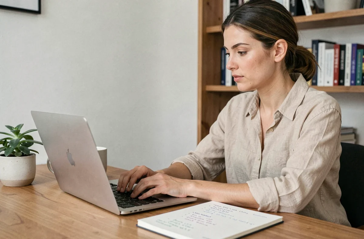 Femme entrepreneur concentrée sur un blog de business depuis son bureau à domicile, avec un ordinateur portable et des notes manuscrites