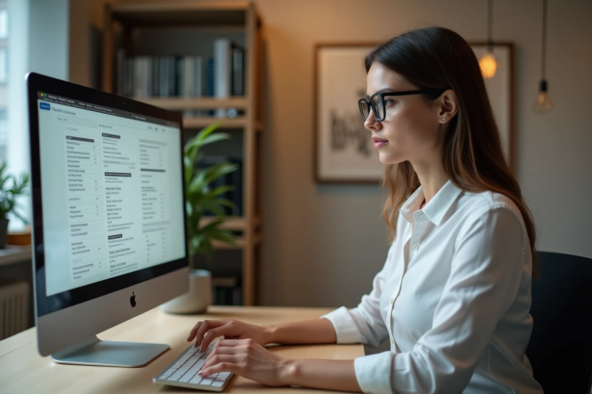 Femme entrepreneur consultant un registre d'entreprises en ligne pour d&eacute;tecter des soci&eacute;t&eacute;s en difficult&eacute; financi&egrave;re