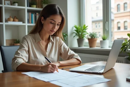 Femme entrepreneure structurant son business plan avec des documents et un ordinateur portable dans un bureau à domicile