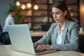 Femme frustrée devant un écran d'ordinateur affichant une erreur de mot de passe sur une plateforme RH