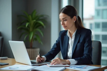 Femme d'affaires analysant des graphiques financiers au bureau