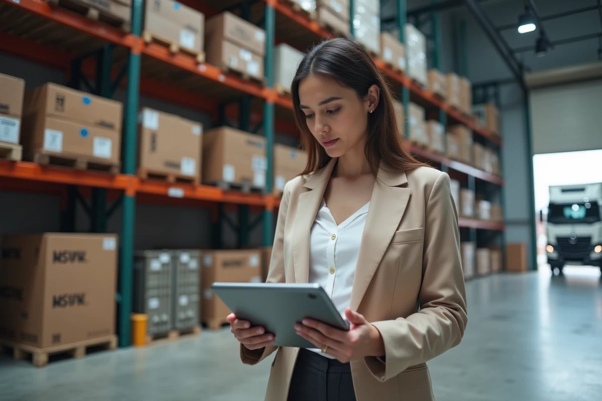 Femme logisticienne en entrepôt consultant l'interface de suivi de conteneurs MSC sur une tablette