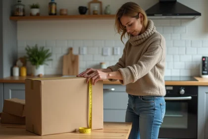Femme mesurant un colis dans une cuisine moderne