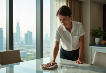 Femme modeste nettoyant une table dans un appartement moderne de Dubaï