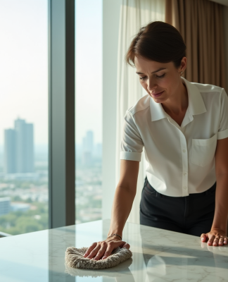 Femme modeste nettoyant une table dans un appartement moderne de Dubaï