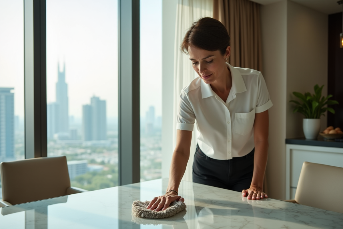 Femme modeste nettoyant une table dans un appartement moderne de Dubaï