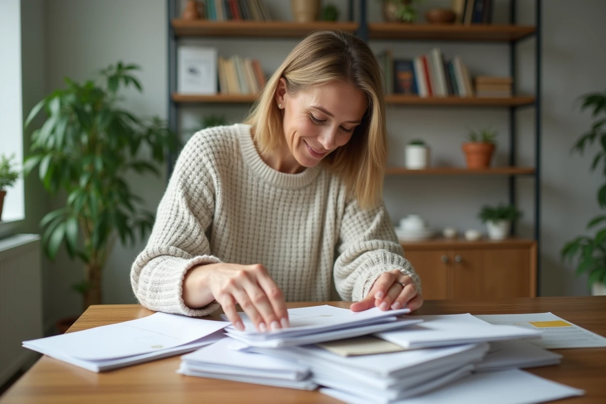 Femme d'âge moyen triant des papiers sur une table moderne