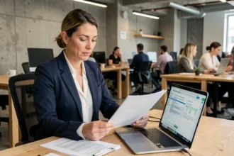 Femme consultante en portage salarial révisant un contrat de travail dans un espace de coworking moderne