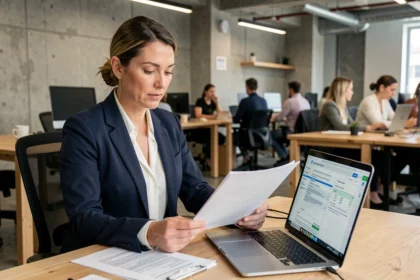 Femme consultante en portage salarial révisant un contrat de travail dans un espace de coworking moderne