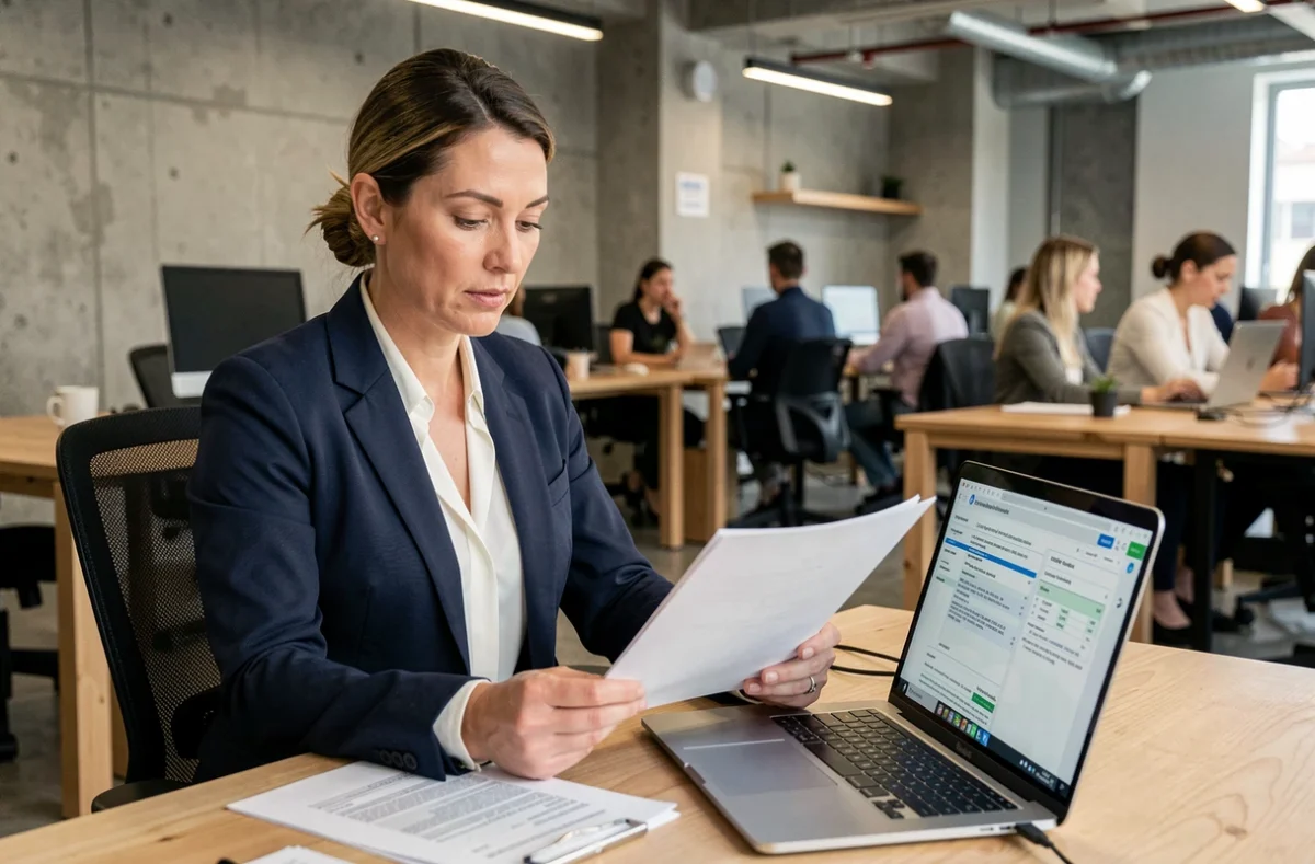 Femme consultante en portage salarial révisant un contrat de travail dans un espace de coworking moderne