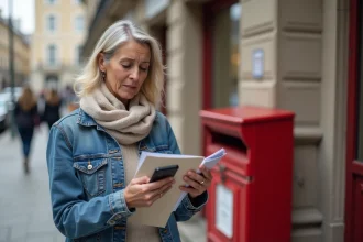 Femme d'âge moyen devant la poste française vérifiant son smartphone