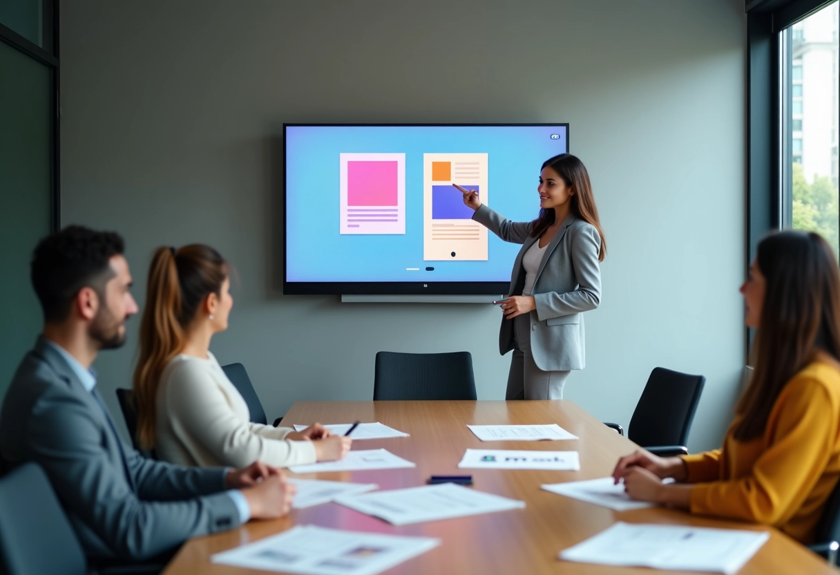 Femme pointant un écran avec un site web coloré