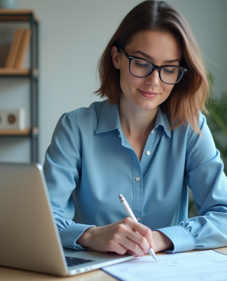 Femme professionnelle en blouse bleue vérifiant un relevé bancaire