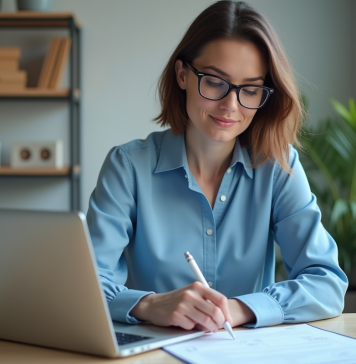 Compte 513 : définition, utilité et explications Femme professionnelle en blouse bleue vérifiant un relevé bancaire