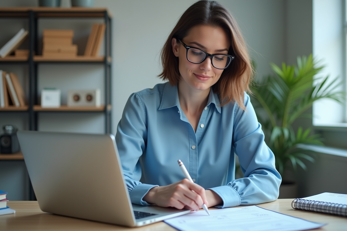 Femme professionnelle en blouse bleue vérifiant un relevé bancaire