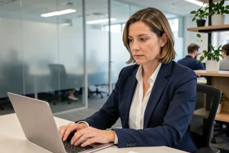 Femme professionnelle rédigeant un email de clôture formel sur son ordinateur portable dans un bureau moderne