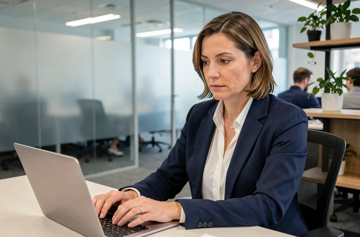 Femme professionnelle rédigeant un email de clôture formel sur son ordinateur portable dans un bureau moderne