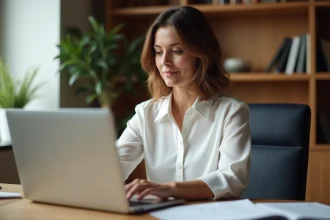 Femme en reconversion professionnelle travaillant sur son ordinateur portable dans un bureau à domicile moderne