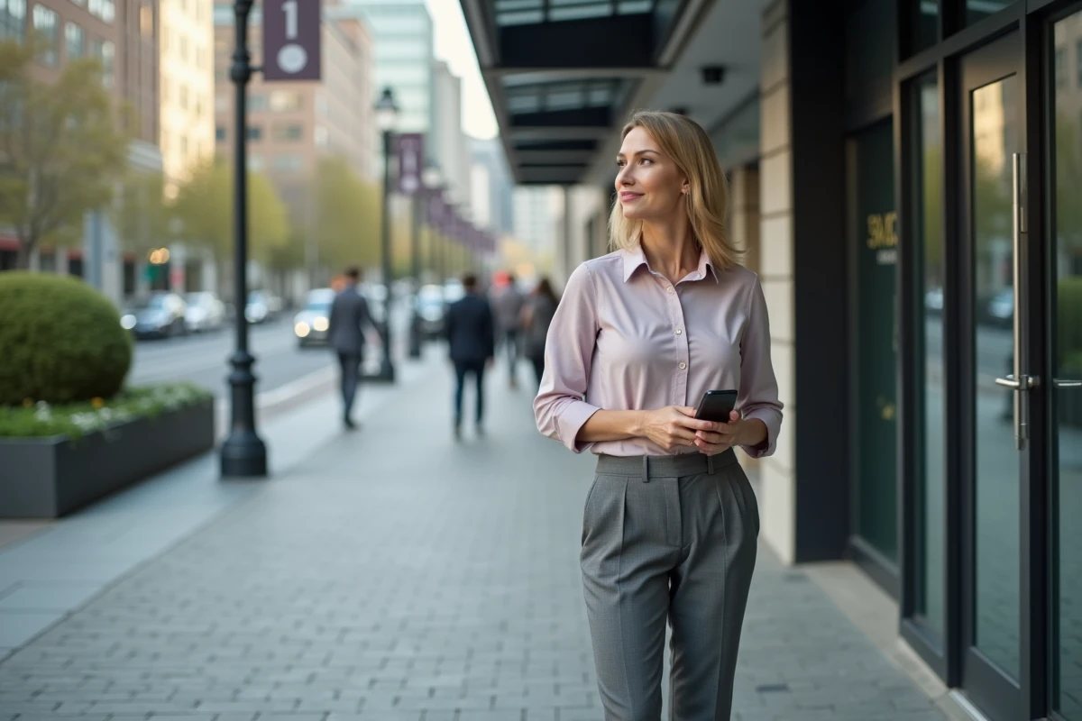 Femme en urban en train de se regarder dans une porte vitrée