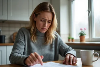 Femme inquiète examinant un relevé bancaire avec un prélèvement non reconnu Infinite Remit Services Co