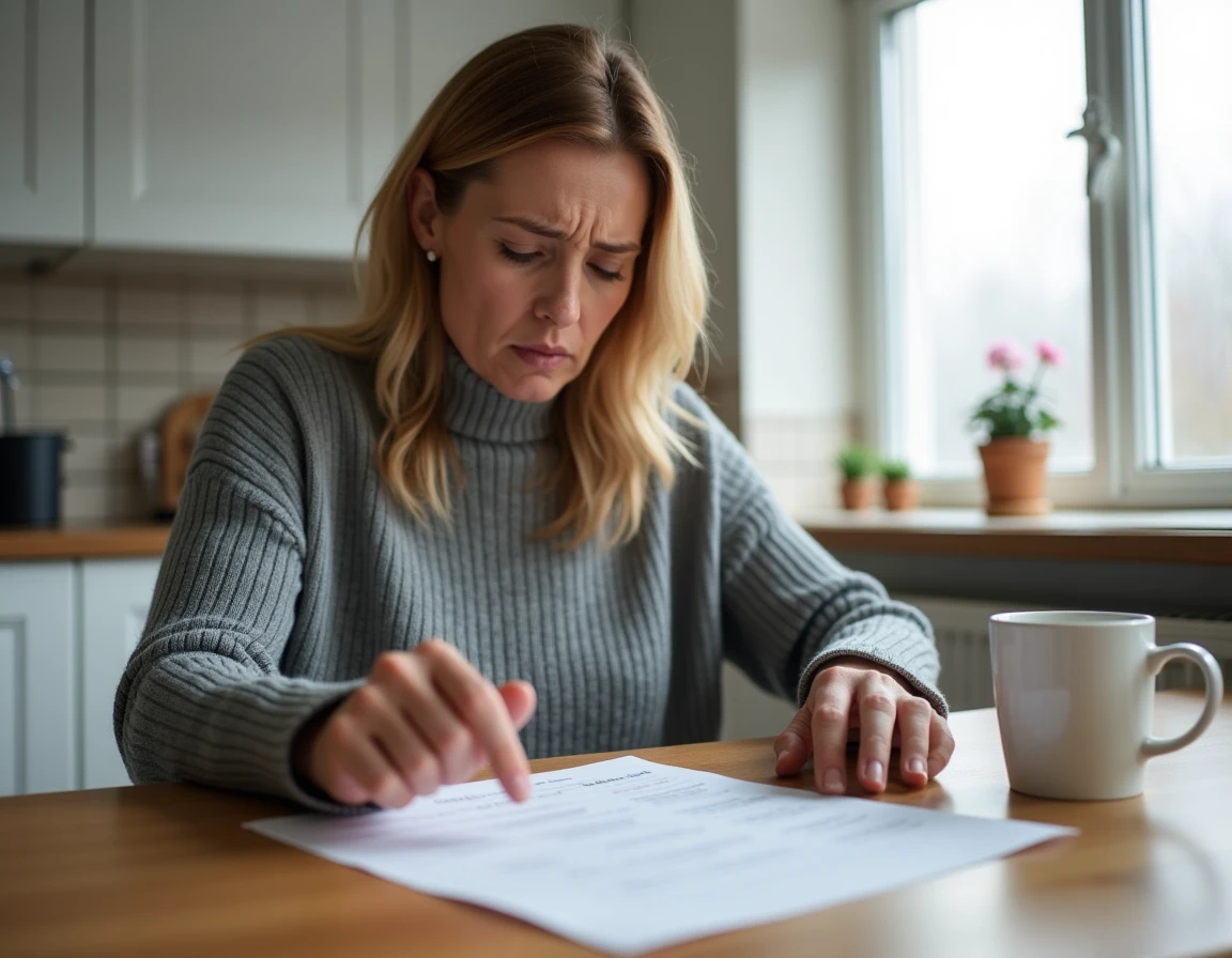 Femme inquiète examinant un relevé bancaire avec un prélèvement non reconnu Infinite Remit Services Co