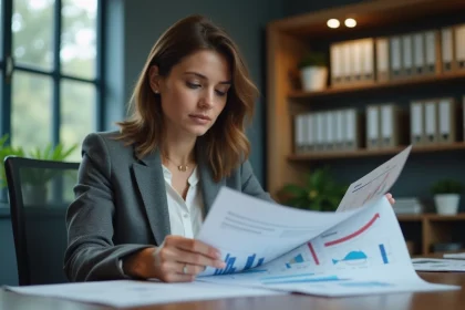 Femme daffaires en r&eacute;union analysant des graphiques