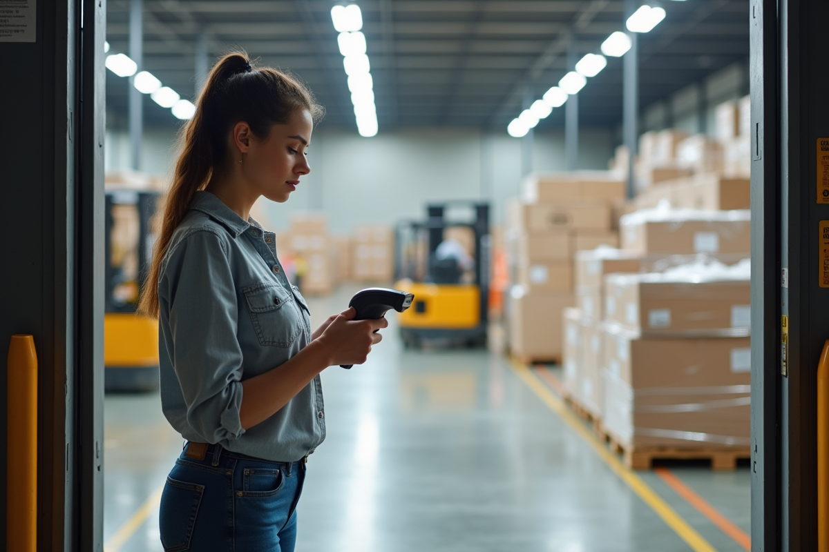 Jeune femme scannant un pallet dans un quai de chargement