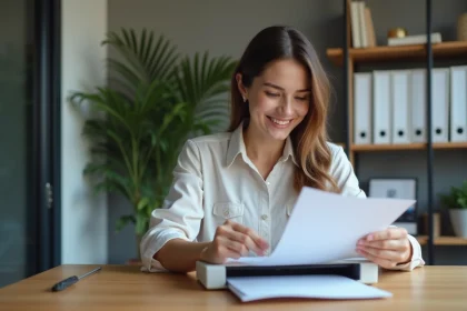 Femme souriante scannant des documents dans un bureau moderne