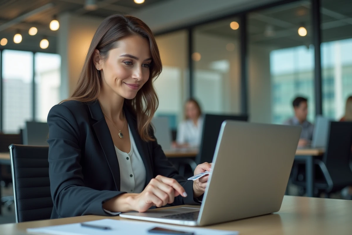 Femme d'affaires vérifiant son ordinateur avec un jeton de sécurité
