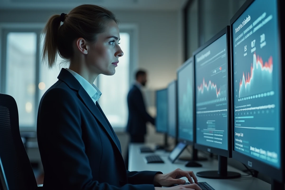 Femme professionnelle analysant un tableau de sécurité numérique au bureau