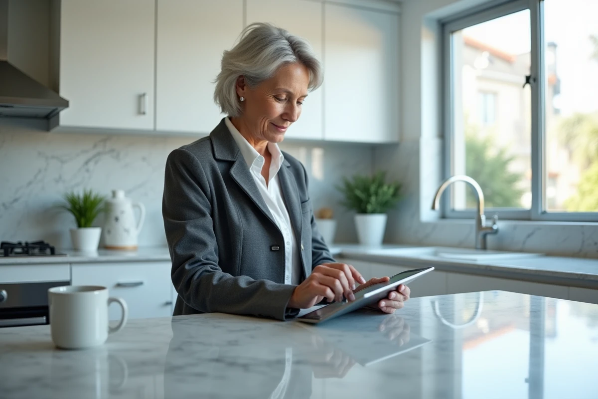 Femme senior utilisant une application de conservation de bulletins de paie sur tablette dans sa cuisine